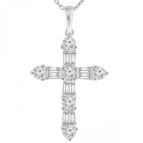 2.05 ct t.w. Ladies Round and Baguette Cut Diamond Cross Pendant Necklace